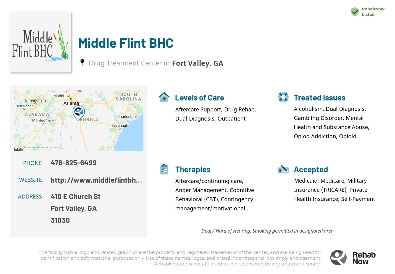 Helpful reference information for Middle Flint BHC, a drug treatment center in Georgia located at: 410 E Church St, Fort Valley, GA 31030, including phone numbers, official website, and more. Listed briefly is an overview of Levels of Care, Therapies Offered, Issues Treated, and accepted forms of Payment Methods.