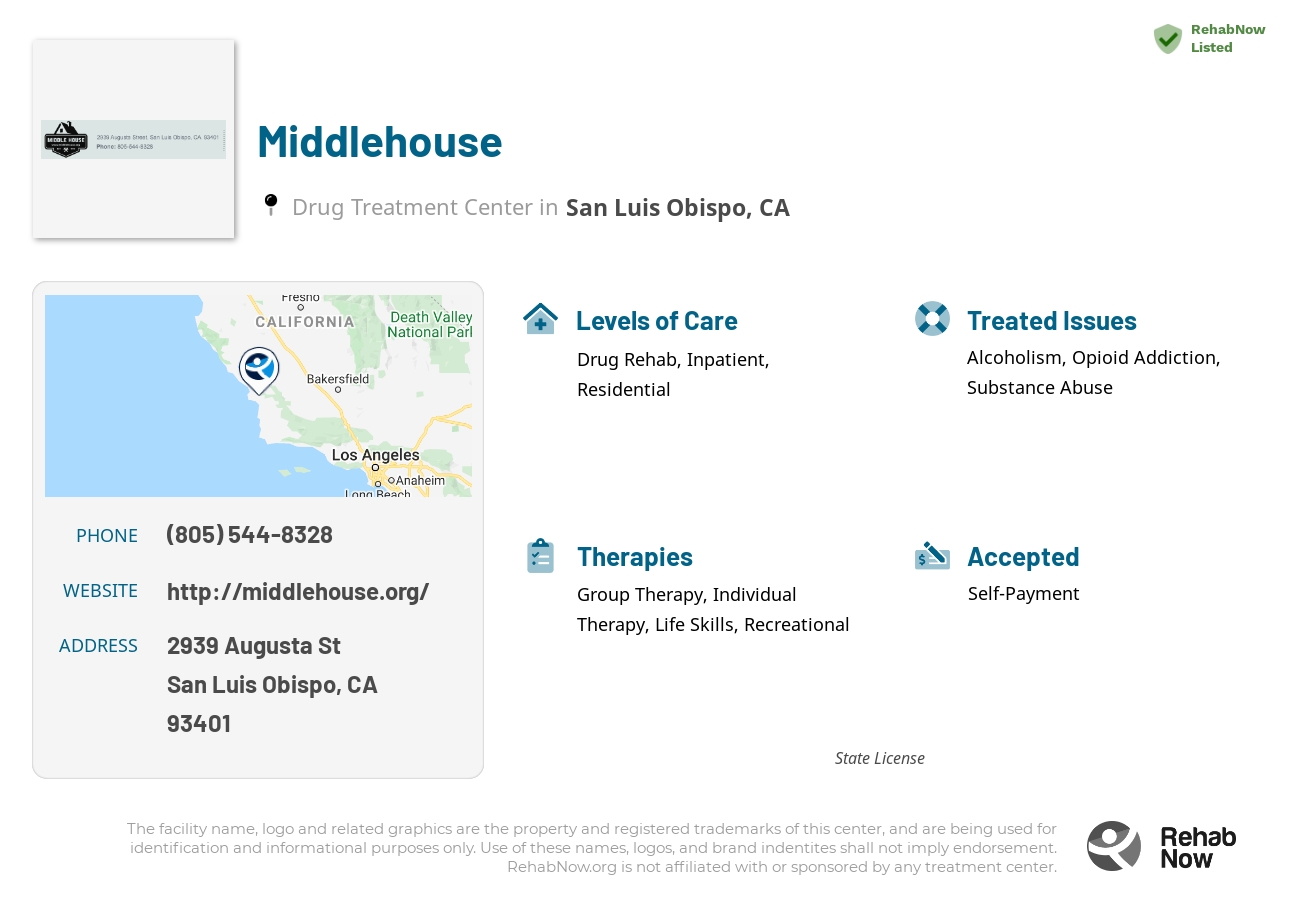 Helpful reference information for Middlehouse, a drug treatment center in California located at: 2939 Augusta St, San Luis Obispo, CA 93401, including phone numbers, official website, and more. Listed briefly is an overview of Levels of Care, Therapies Offered, Issues Treated, and accepted forms of Payment Methods.