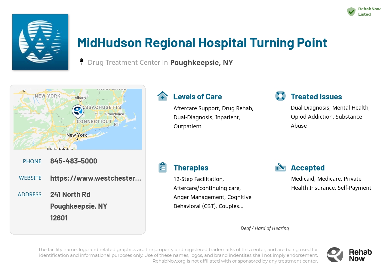 Helpful reference information for MidHudson Regional Hospital Turning Point, a drug treatment center in New York located at: 241 North Rd, Poughkeepsie, NY 12601, including phone numbers, official website, and more. Listed briefly is an overview of Levels of Care, Therapies Offered, Issues Treated, and accepted forms of Payment Methods.
