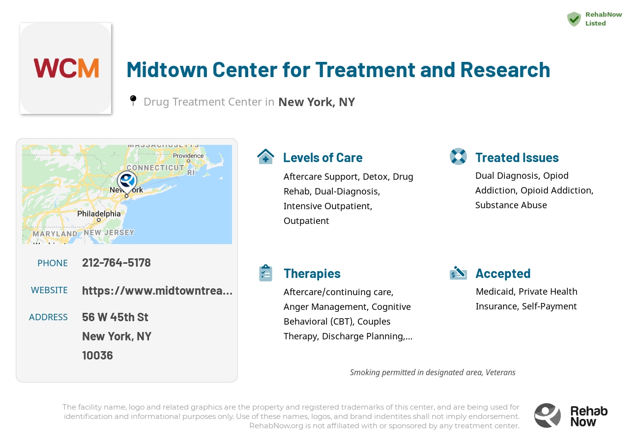 Helpful reference information for Midtown Center for Treatment and Research, a drug treatment center in New York located at: 56 W 45th St, New York, NY 10036, including phone numbers, official website, and more. Listed briefly is an overview of Levels of Care, Therapies Offered, Issues Treated, and accepted forms of Payment Methods.