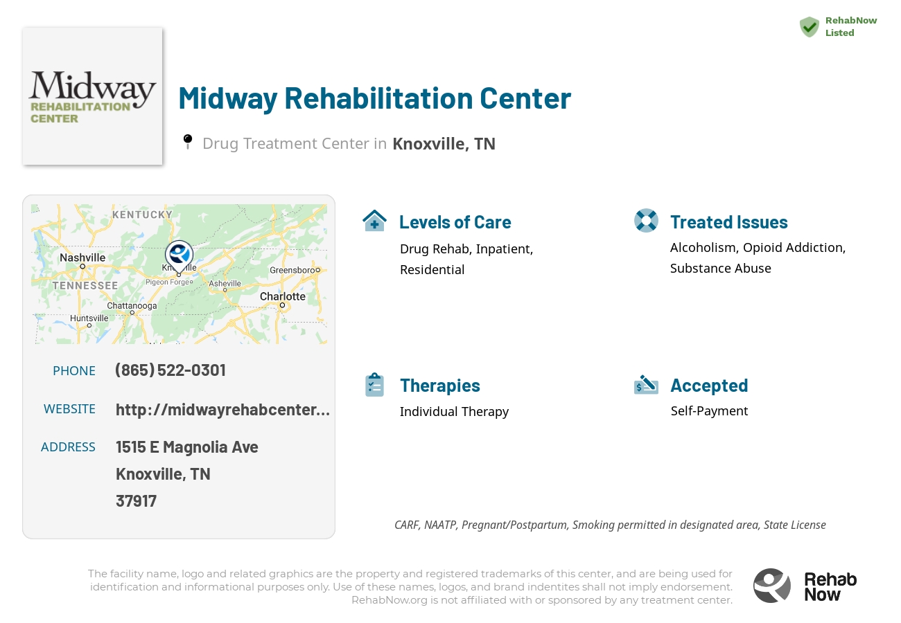 Helpful reference information for Midway Rehabilitation Center, a drug treatment center in Tennessee located at: 1515 E Magnolia Ave, Knoxville, TN 37917, including phone numbers, official website, and more. Listed briefly is an overview of Levels of Care, Therapies Offered, Issues Treated, and accepted forms of Payment Methods.