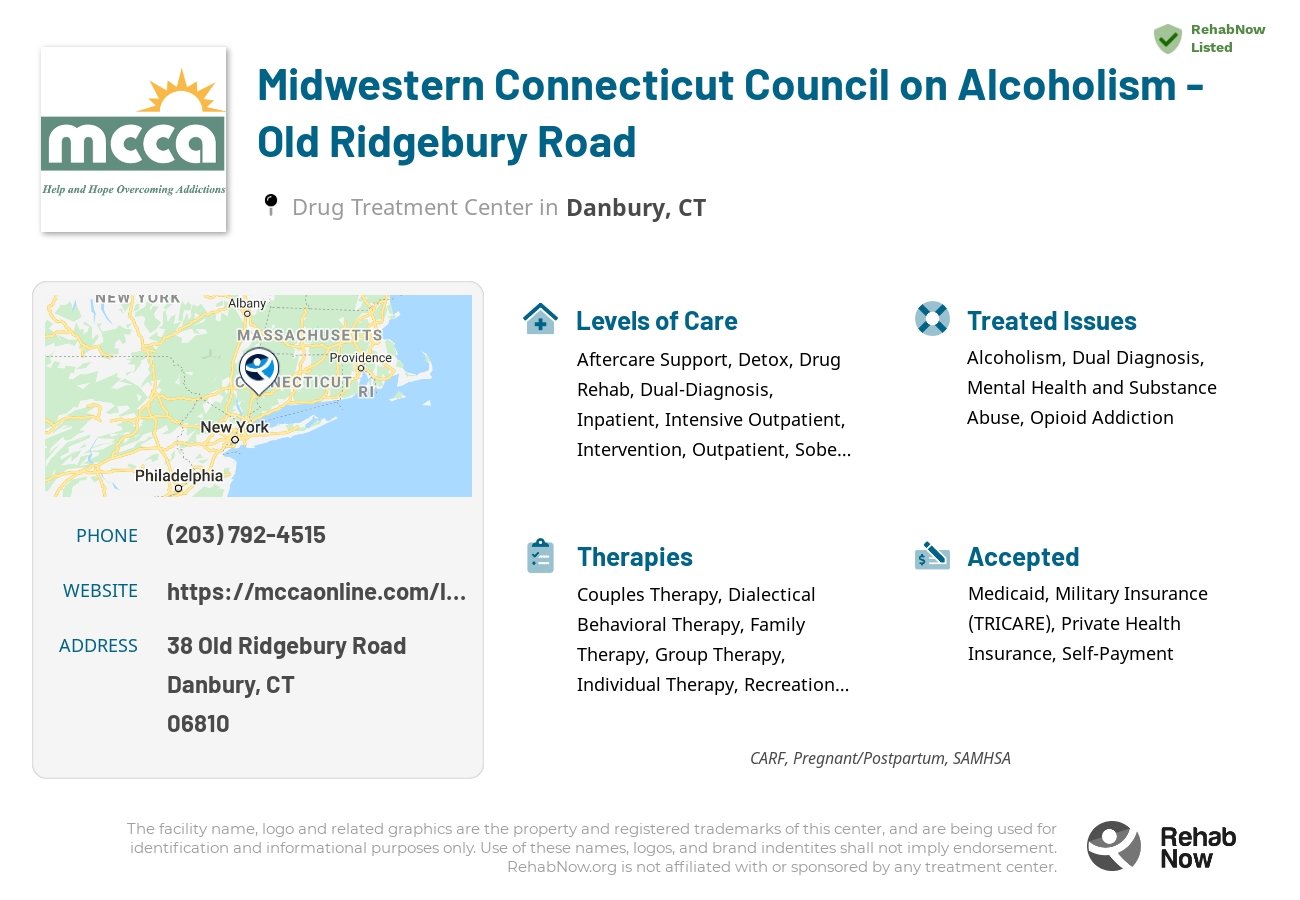 Helpful reference information for Midwestern Connecticut Council on Alcoholism - Old Ridgebury Road, a drug treatment center in Connecticut located at: 38 Old Ridgebury Road, Danbury, CT, 06810, including phone numbers, official website, and more. Listed briefly is an overview of Levels of Care, Therapies Offered, Issues Treated, and accepted forms of Payment Methods.
