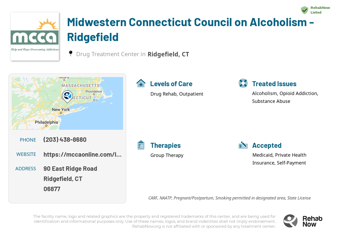 Helpful reference information for Midwestern Connecticut Council on Alcoholism - Ridgefield, a drug treatment center in Connecticut located at: 90 East Ridge Road, Ridgefield, CT, 06877, including phone numbers, official website, and more. Listed briefly is an overview of Levels of Care, Therapies Offered, Issues Treated, and accepted forms of Payment Methods.