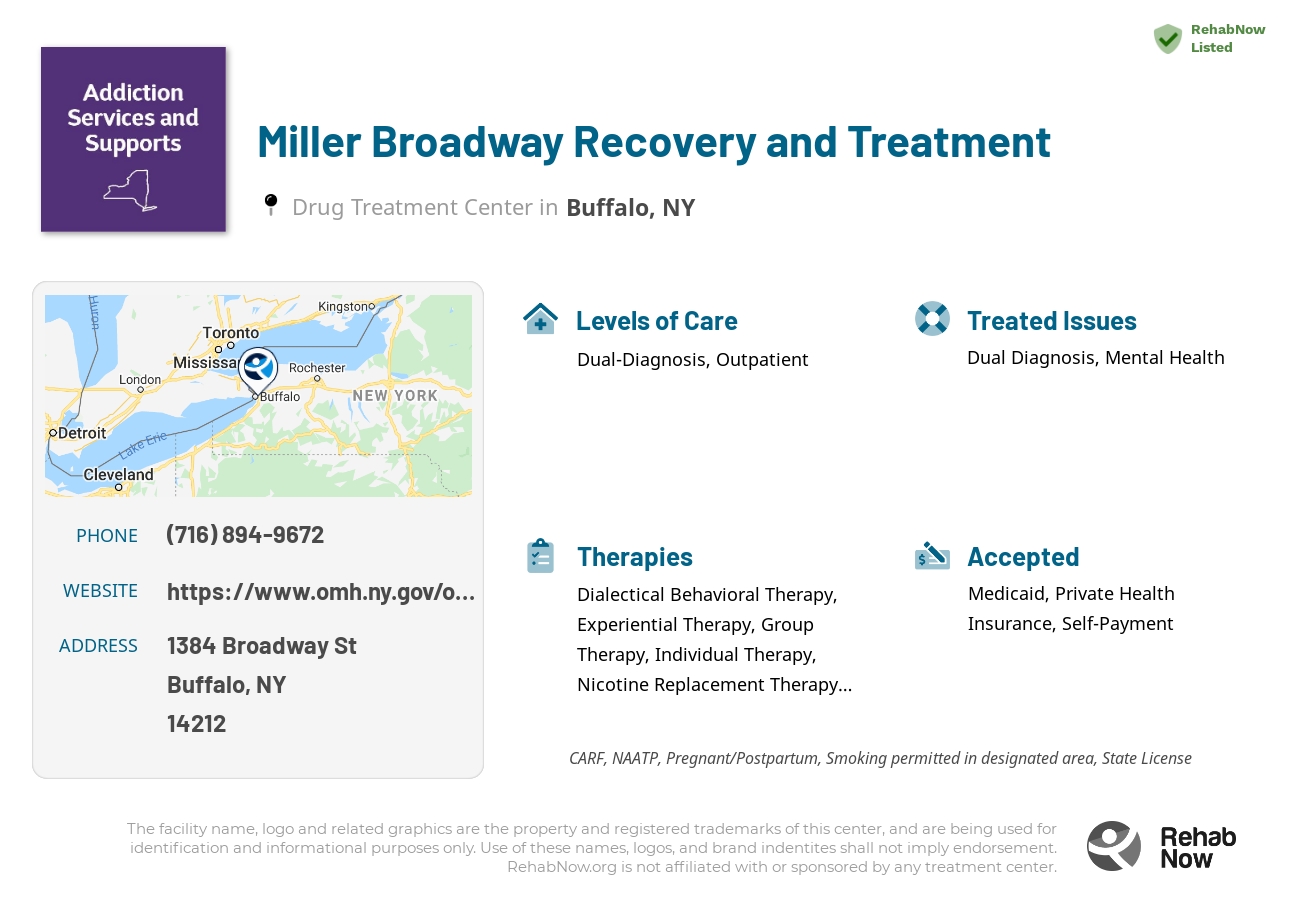 Helpful reference information for Miller Broadway Recovery and Treatment, a drug treatment center in New York located at: 1384 Broadway St, Buffalo, NY 14212, including phone numbers, official website, and more. Listed briefly is an overview of Levels of Care, Therapies Offered, Issues Treated, and accepted forms of Payment Methods.