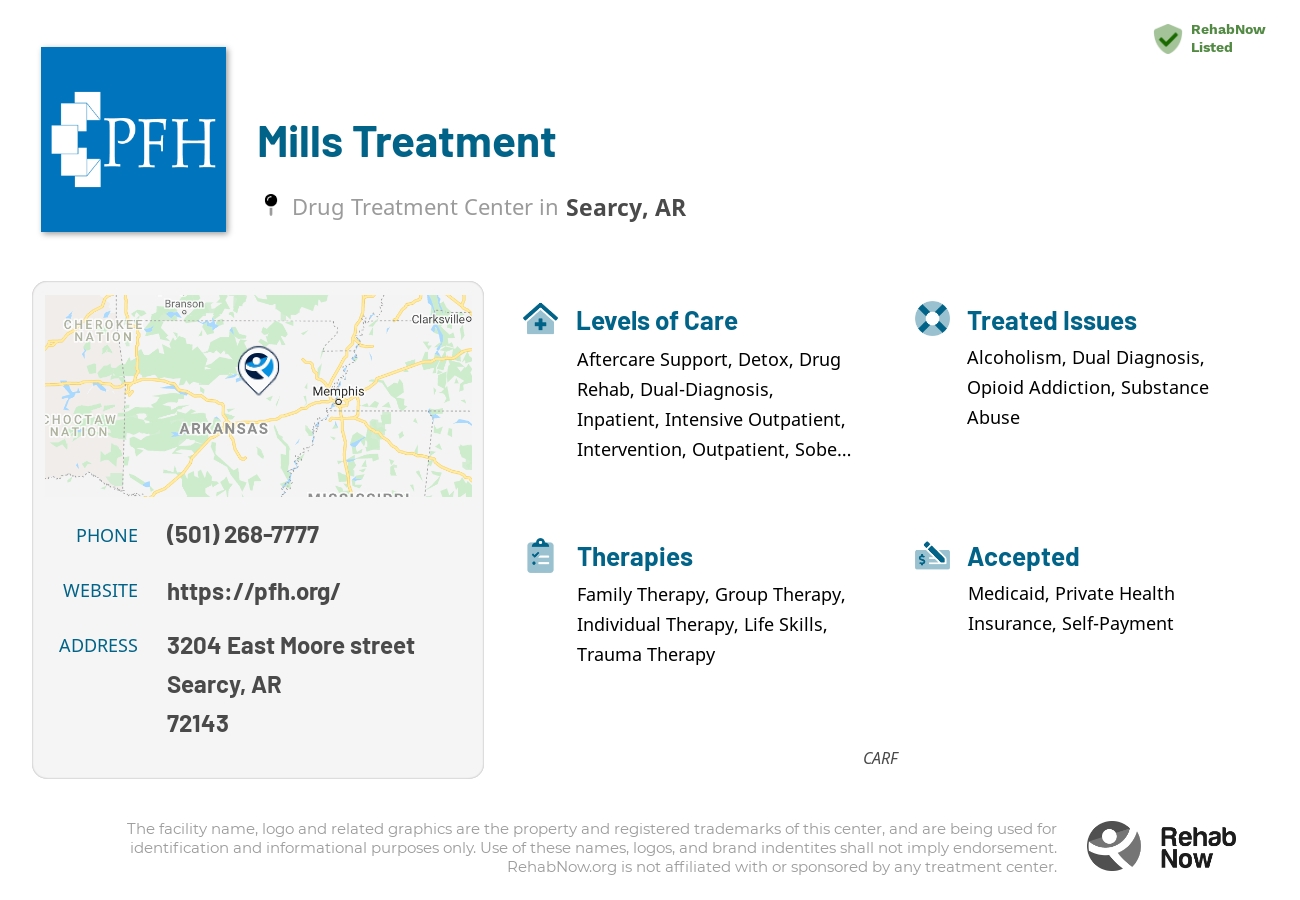 Helpful reference information for Mills Treatment, a drug treatment center in Arkansas located at: 3204 East Moore street, Searcy, AR, 72143, including phone numbers, official website, and more. Listed briefly is an overview of Levels of Care, Therapies Offered, Issues Treated, and accepted forms of Payment Methods.