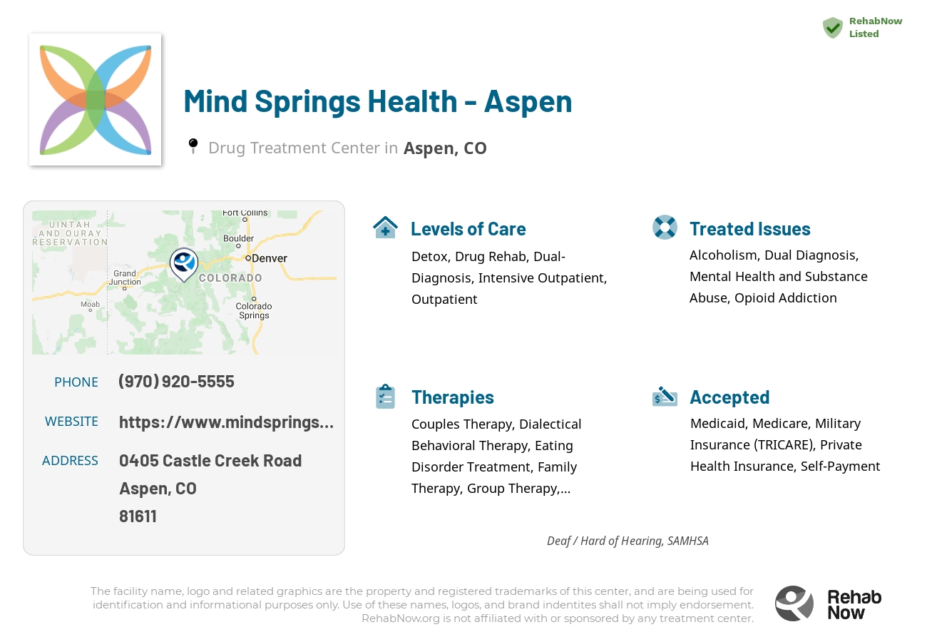 Helpful reference information for Mind Springs Health - Aspen, a drug treatment center in Colorado located at: 0405 Castle Creek Road, Aspen, CO, 81611, including phone numbers, official website, and more. Listed briefly is an overview of Levels of Care, Therapies Offered, Issues Treated, and accepted forms of Payment Methods.