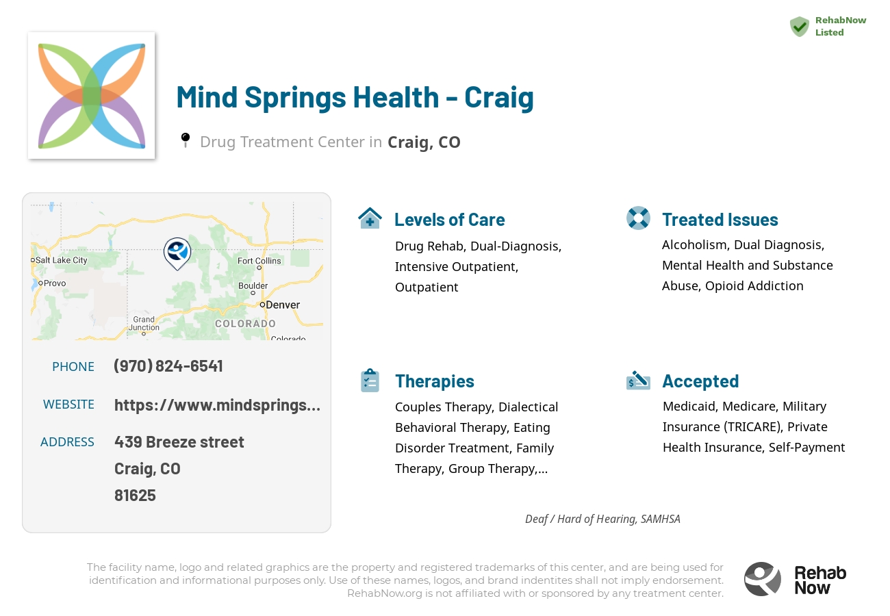 Helpful reference information for Mind Springs Health - Craig, a drug treatment center in Colorado located at: 439 Breeze street, Craig, CO, 81625, including phone numbers, official website, and more. Listed briefly is an overview of Levels of Care, Therapies Offered, Issues Treated, and accepted forms of Payment Methods.
