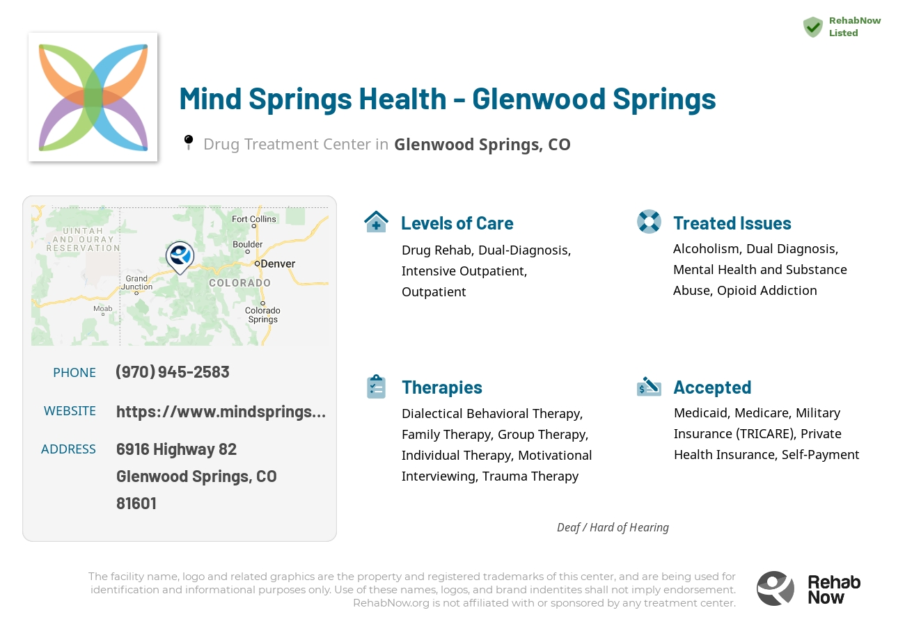 Helpful reference information for Mind Springs Health - Glenwood Springs, a drug treatment center in Colorado located at: 6916 Highway 82, Glenwood Springs, CO, 81601, including phone numbers, official website, and more. Listed briefly is an overview of Levels of Care, Therapies Offered, Issues Treated, and accepted forms of Payment Methods.