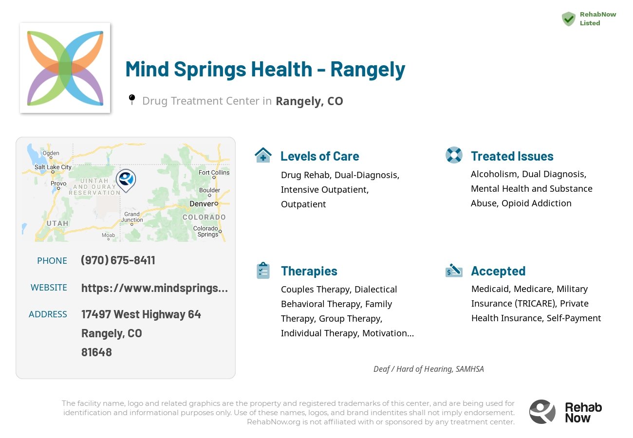 Helpful reference information for Mind Springs Health - Rangely, a drug treatment center in Colorado located at: 17497 West Highway 64, Rangely, CO, 81648, including phone numbers, official website, and more. Listed briefly is an overview of Levels of Care, Therapies Offered, Issues Treated, and accepted forms of Payment Methods.