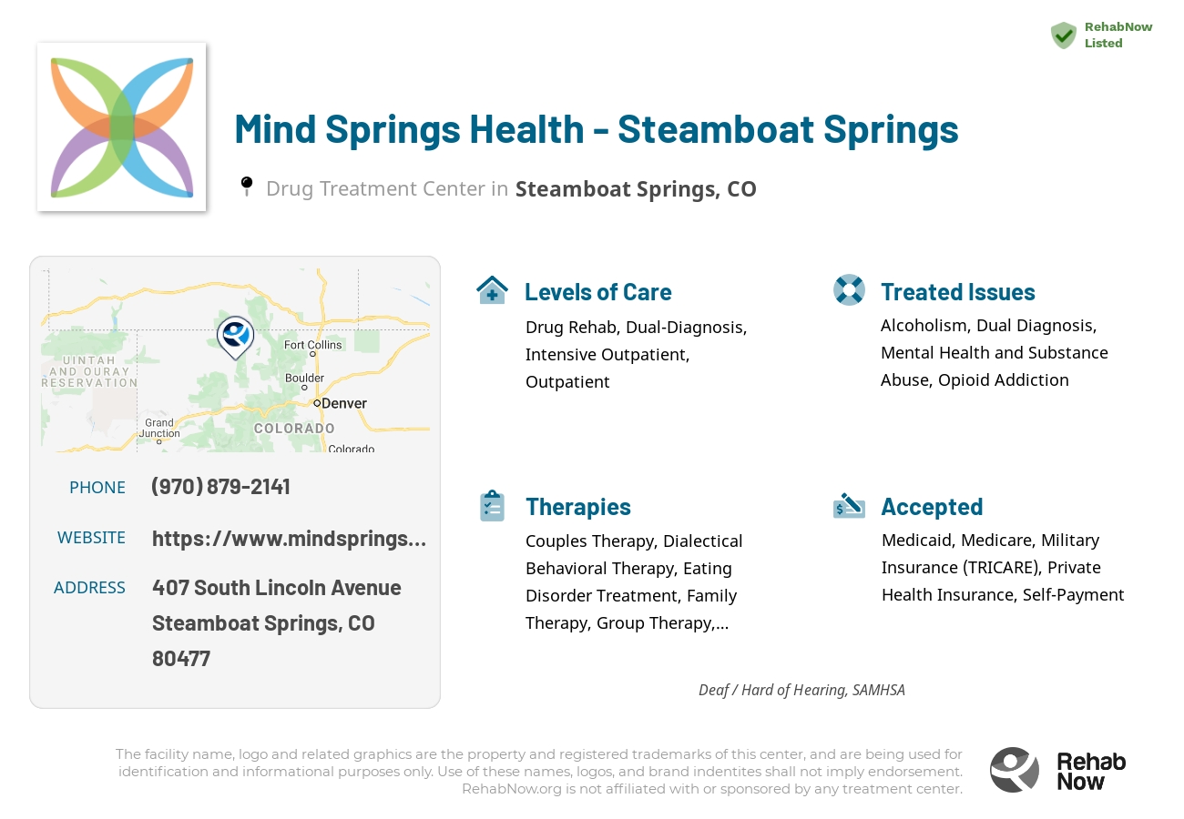 Helpful reference information for Mind Springs Health - Steamboat Springs, a drug treatment center in Colorado located at: 407 South Lincoln Avenue, Steamboat Springs, CO, 80477, including phone numbers, official website, and more. Listed briefly is an overview of Levels of Care, Therapies Offered, Issues Treated, and accepted forms of Payment Methods.