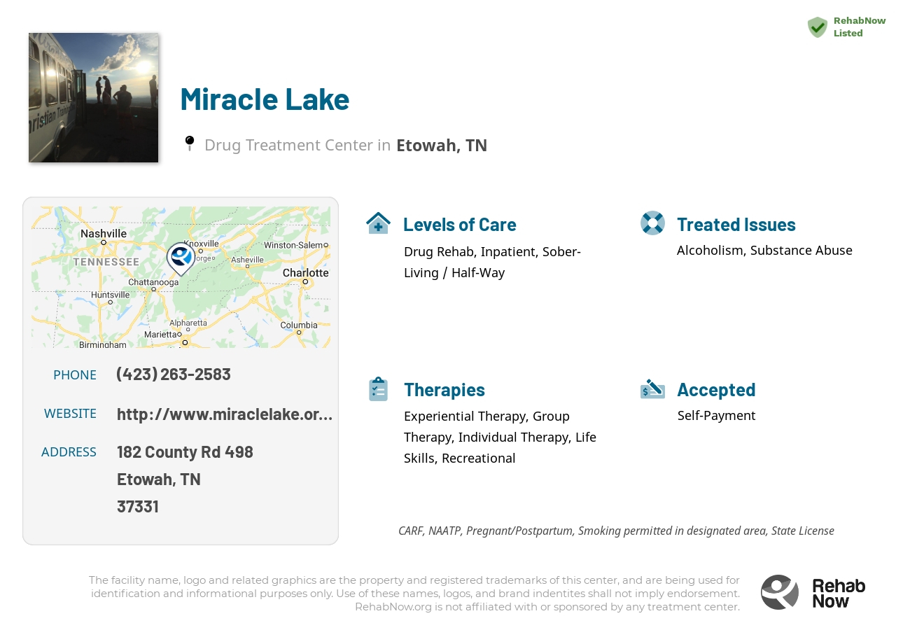 Helpful reference information for Miracle Lake, a drug treatment center in Tennessee located at: 182 County Rd 498, Etowah, TN 37331, including phone numbers, official website, and more. Listed briefly is an overview of Levels of Care, Therapies Offered, Issues Treated, and accepted forms of Payment Methods.