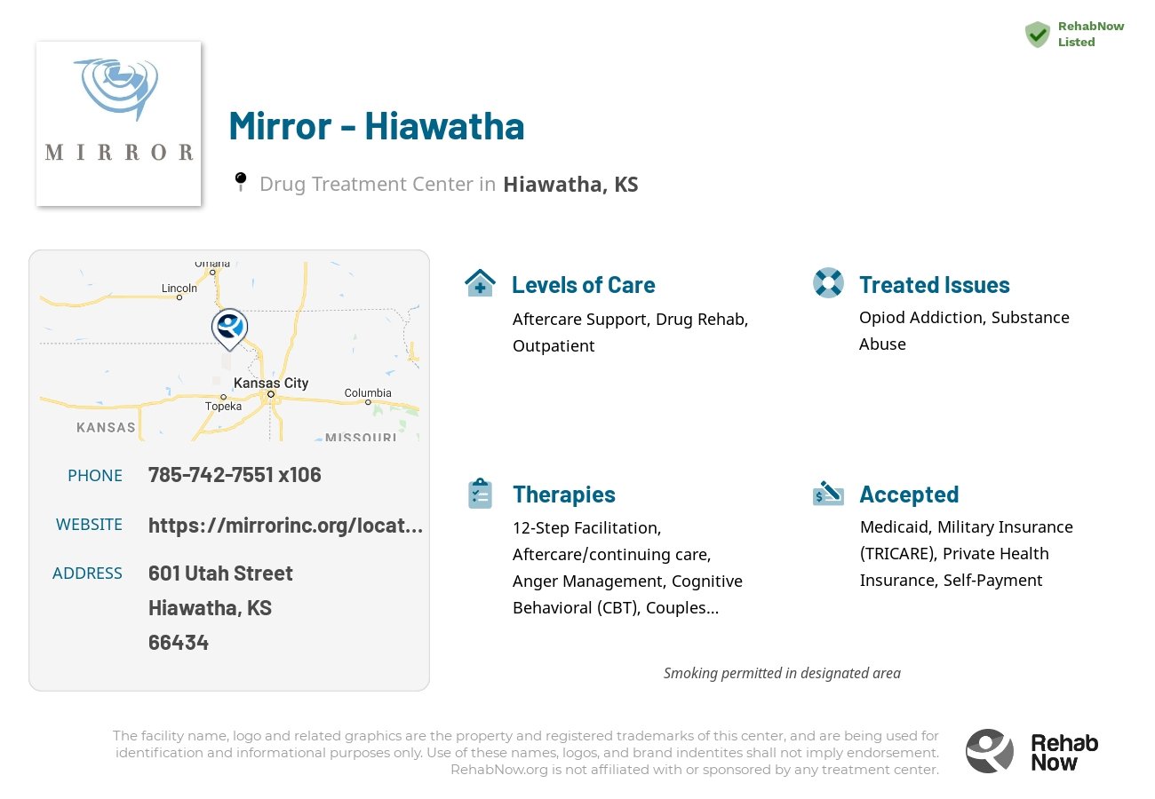 Helpful reference information for Mirror - Hiawatha, a drug treatment center in Kansas located at: 601 Utah Street, Hiawatha, KS, 66434, including phone numbers, official website, and more. Listed briefly is an overview of Levels of Care, Therapies Offered, Issues Treated, and accepted forms of Payment Methods.