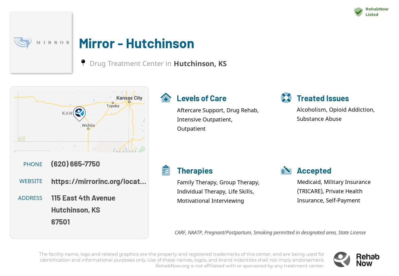 Helpful reference information for Mirror - Hutchinson, a drug treatment center in Kansas located at: 115 East 4th Avenue, Hutchinson, KS, 67501, including phone numbers, official website, and more. Listed briefly is an overview of Levels of Care, Therapies Offered, Issues Treated, and accepted forms of Payment Methods.