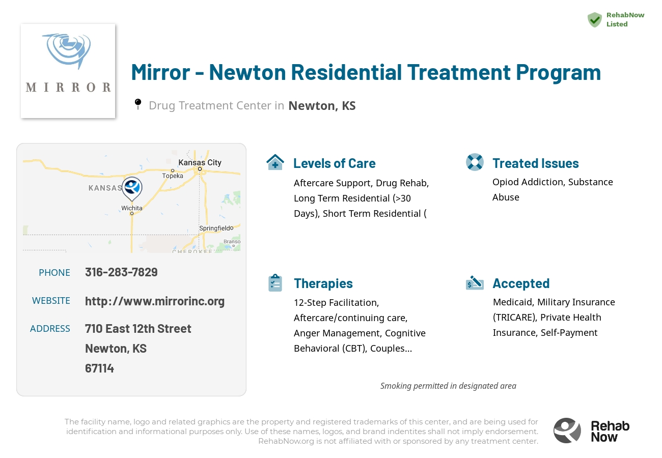 Helpful reference information for Mirror - Newton Residential Treatment Program, a drug treatment center in Kansas located at: 710 East 12th Street, Newton, KS 67114, including phone numbers, official website, and more. Listed briefly is an overview of Levels of Care, Therapies Offered, Issues Treated, and accepted forms of Payment Methods.
