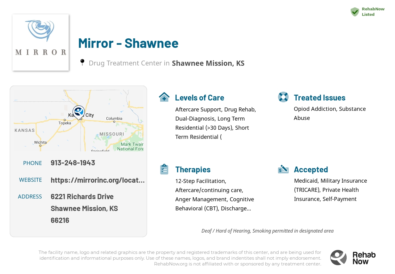 Helpful reference information for Mirror - Shawnee, a drug treatment center in Kansas located at: 6221 Richards Drive, Shawnee Mission, KS 66216, including phone numbers, official website, and more. Listed briefly is an overview of Levels of Care, Therapies Offered, Issues Treated, and accepted forms of Payment Methods.