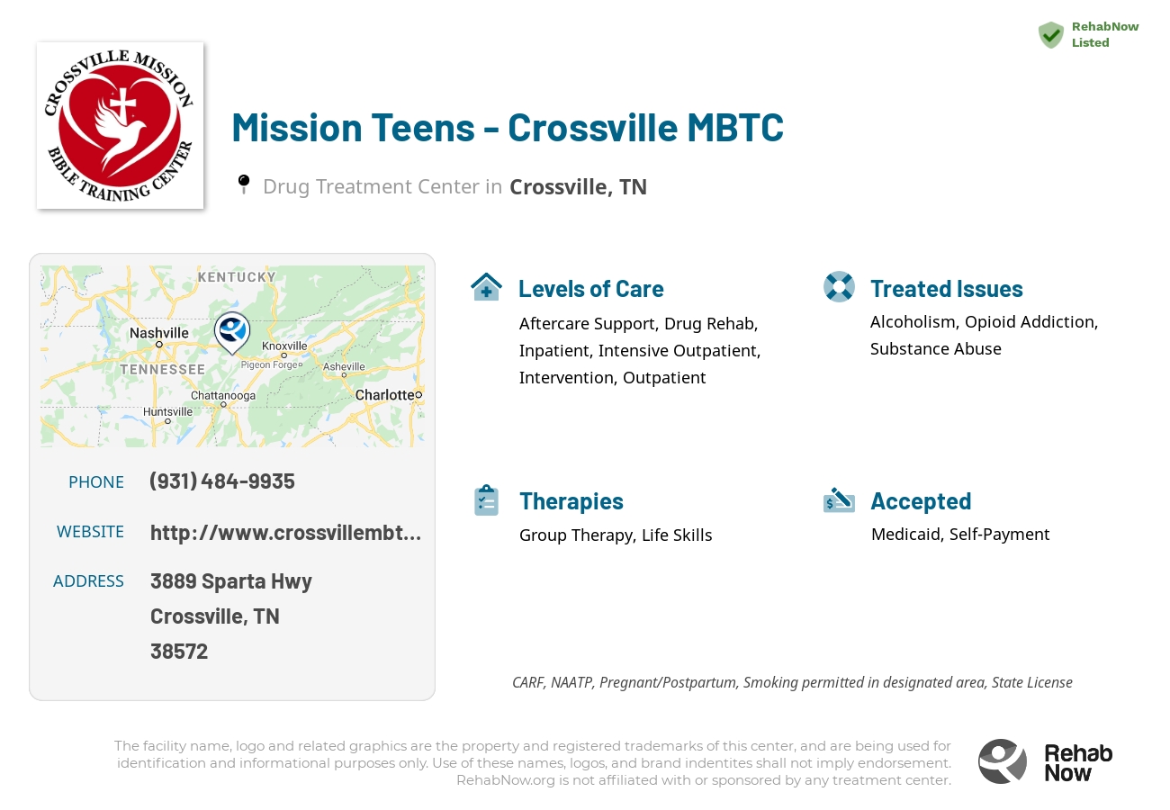 Helpful reference information for Mission Teens - Crossville MBTC, a drug treatment center in Tennessee located at: 3889 Sparta Hwy, Crossville, TN 38572, including phone numbers, official website, and more. Listed briefly is an overview of Levels of Care, Therapies Offered, Issues Treated, and accepted forms of Payment Methods.