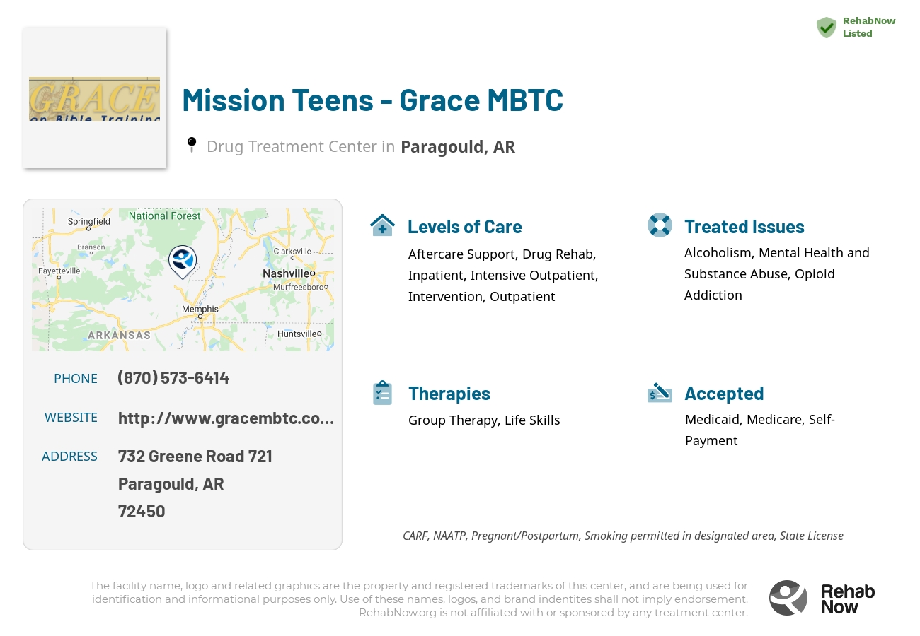 Helpful reference information for Mission Teens - Grace MBTC, a drug treatment center in Arkansas located at: 732 Greene Road 721, Paragould, AR, 72450, including phone numbers, official website, and more. Listed briefly is an overview of Levels of Care, Therapies Offered, Issues Treated, and accepted forms of Payment Methods.