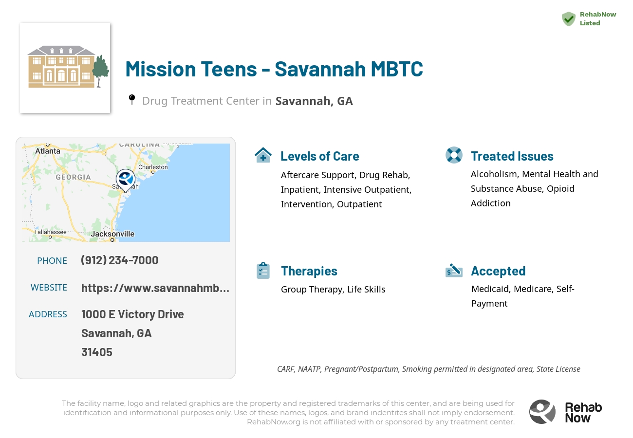 Helpful reference information for Mission Teens - Savannah MBTC, a drug treatment center in Georgia located at: 1000 1000 E Victory Drive, Savannah, GA 31405, including phone numbers, official website, and more. Listed briefly is an overview of Levels of Care, Therapies Offered, Issues Treated, and accepted forms of Payment Methods.