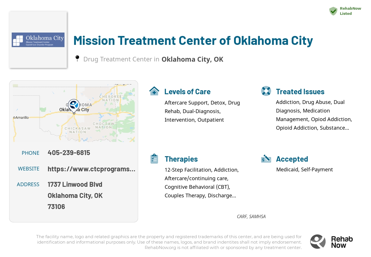 Helpful reference information for Mission Treatment Center of Oklahoma City, a drug treatment center in Oklahoma located at: 1737 Linwood Blvd, Oklahoma City, OK 73106, including phone numbers, official website, and more. Listed briefly is an overview of Levels of Care, Therapies Offered, Issues Treated, and accepted forms of Payment Methods.
