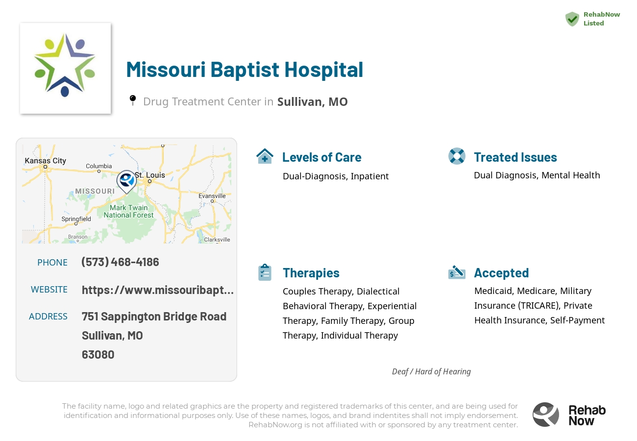 Helpful reference information for Missouri Baptist Hospital, a drug treatment center in Missouri located at: 751 751 Sappington Bridge Road, Sullivan, MO 63080, including phone numbers, official website, and more. Listed briefly is an overview of Levels of Care, Therapies Offered, Issues Treated, and accepted forms of Payment Methods.