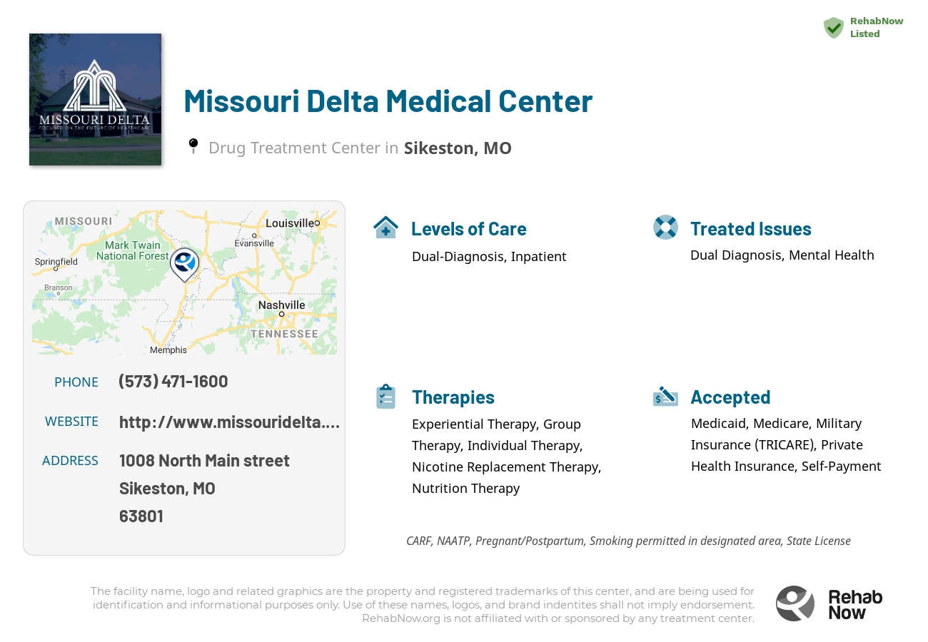 Helpful reference information for Missouri Delta Medical Center, a drug treatment center in Missouri located at: 1008 1008 North Main street, Sikeston, MO 63801, including phone numbers, official website, and more. Listed briefly is an overview of Levels of Care, Therapies Offered, Issues Treated, and accepted forms of Payment Methods.