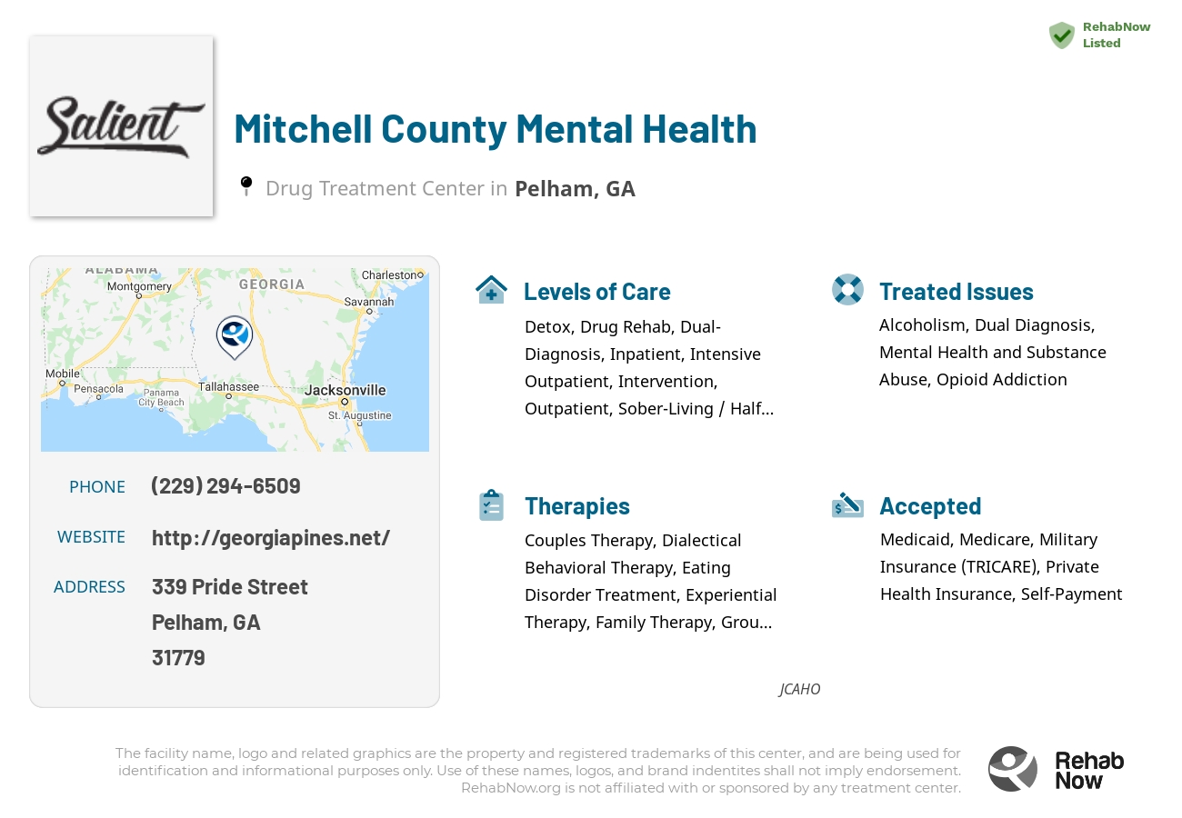 Helpful reference information for Mitchell County Mental Health, a drug treatment center in Georgia located at: 339 339 Pride Street, Pelham, GA 31779, including phone numbers, official website, and more. Listed briefly is an overview of Levels of Care, Therapies Offered, Issues Treated, and accepted forms of Payment Methods.