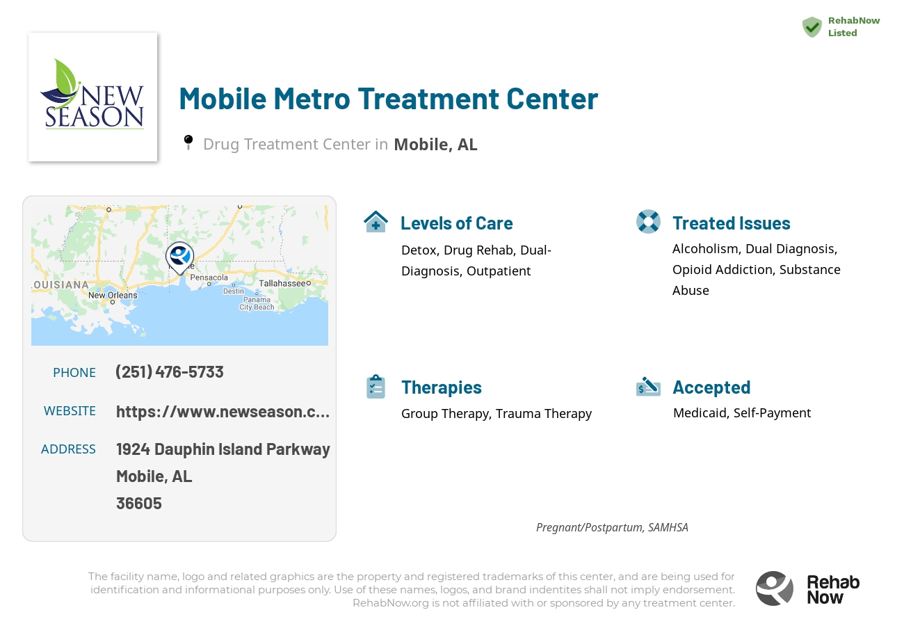 Helpful reference information for Mobile Metro Treatment Center, a drug treatment center in Alabama located at: 1924 Dauphin Island Parkway, Mobile, AL, 36605, including phone numbers, official website, and more. Listed briefly is an overview of Levels of Care, Therapies Offered, Issues Treated, and accepted forms of Payment Methods.