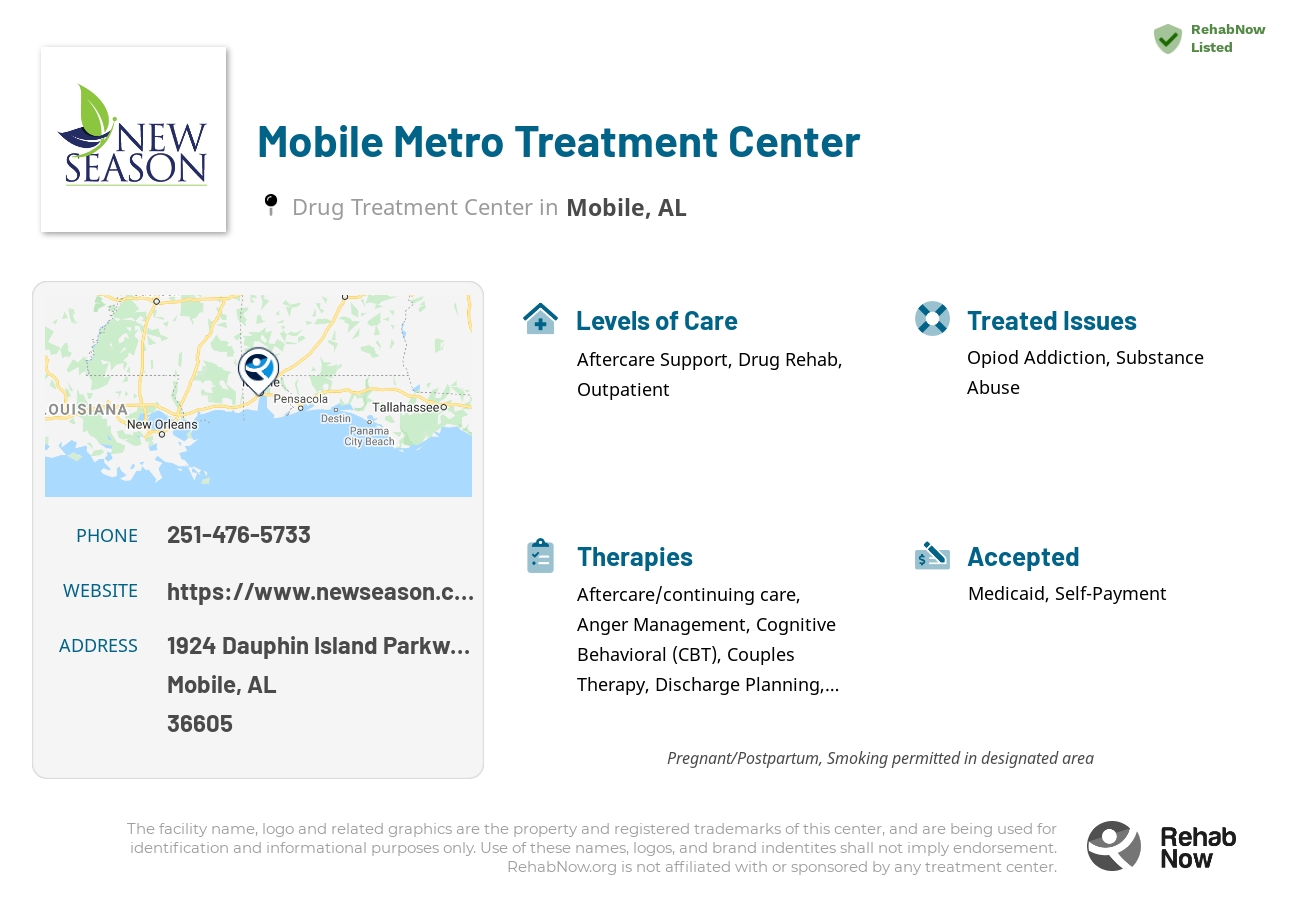 Helpful reference information for Mobile Metro Treatment Center, a drug treatment center in Alabama located at: 1924 Dauphin Island Parkway Suite C, Mobile, AL 36605, including phone numbers, official website, and more. Listed briefly is an overview of Levels of Care, Therapies Offered, Issues Treated, and accepted forms of Payment Methods.