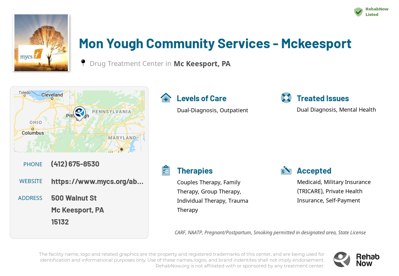 Helpful reference information for Mon Yough Community Services - Mckeesport, a drug treatment center in Pennsylvania located at: 500 Walnut St, Mc Keesport, PA 15132, including phone numbers, official website, and more. Listed briefly is an overview of Levels of Care, Therapies Offered, Issues Treated, and accepted forms of Payment Methods.