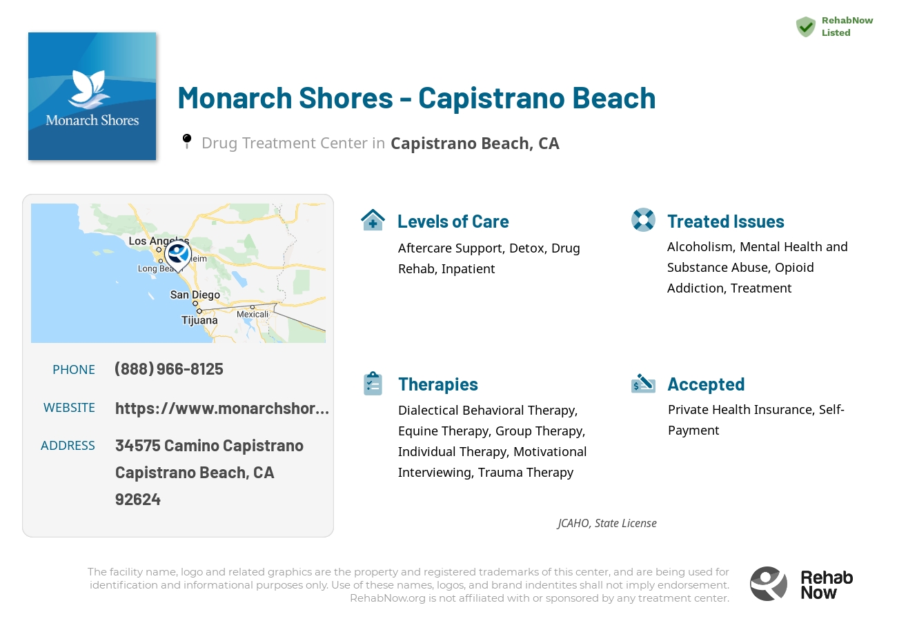 Helpful reference information for Monarch Shores - Capistrano Beach, a drug treatment center in California located at: 34575 Camino Capistrano, Capistrano Beach, CA 92624, including phone numbers, official website, and more. Listed briefly is an overview of Levels of Care, Therapies Offered, Issues Treated, and accepted forms of Payment Methods.