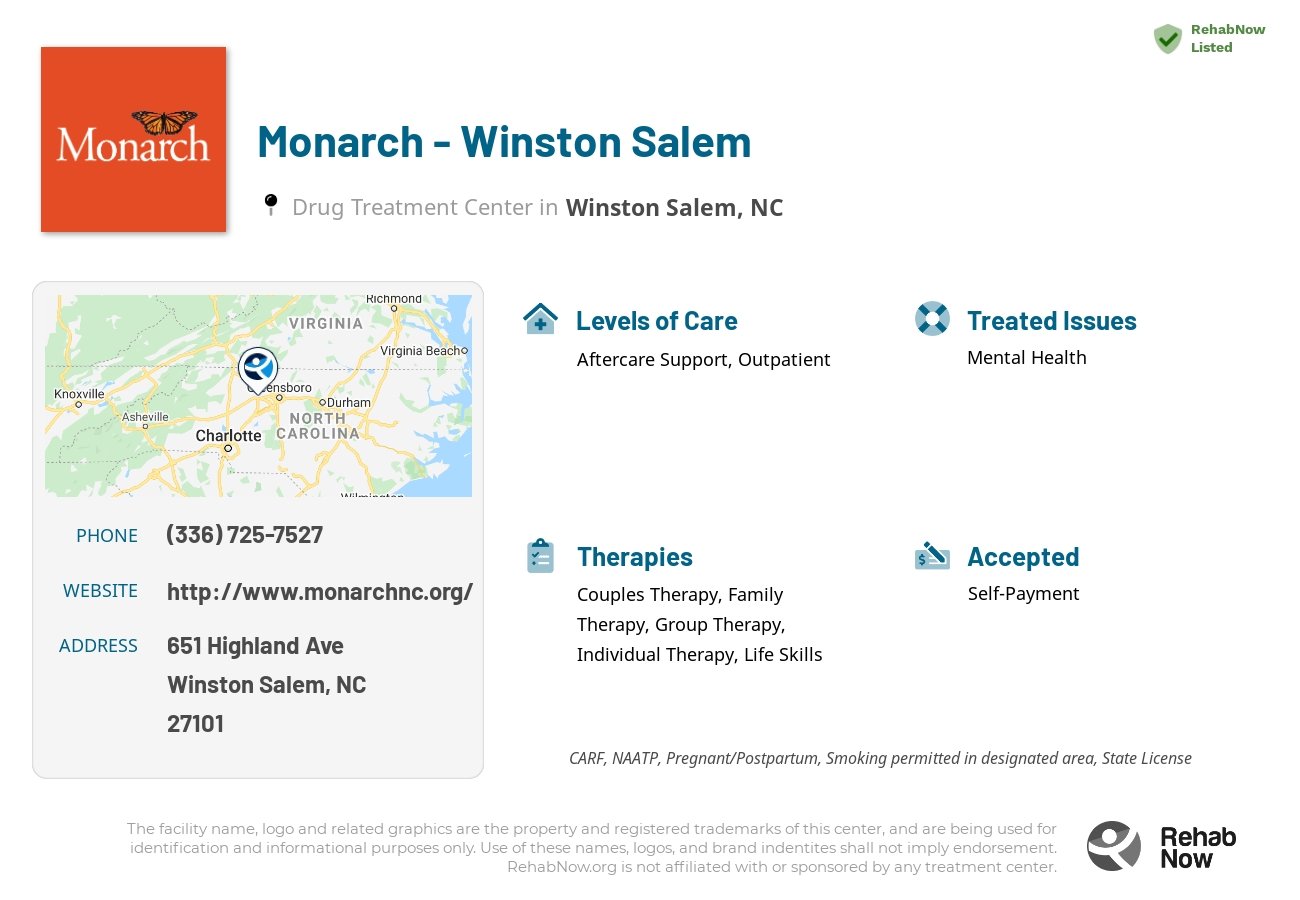 Helpful reference information for Monarch - Winston Salem, a drug treatment center in North Carolina located at: 651 Highland Ave, Winston Salem, NC 27101, including phone numbers, official website, and more. Listed briefly is an overview of Levels of Care, Therapies Offered, Issues Treated, and accepted forms of Payment Methods.