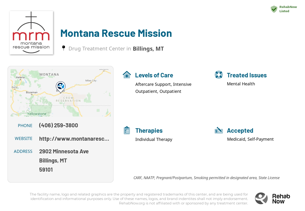 Helpful reference information for Montana Rescue Mission, a drug treatment center in Montana located at: 2902 Minnesota Ave, Billings, MT 59101, including phone numbers, official website, and more. Listed briefly is an overview of Levels of Care, Therapies Offered, Issues Treated, and accepted forms of Payment Methods.
