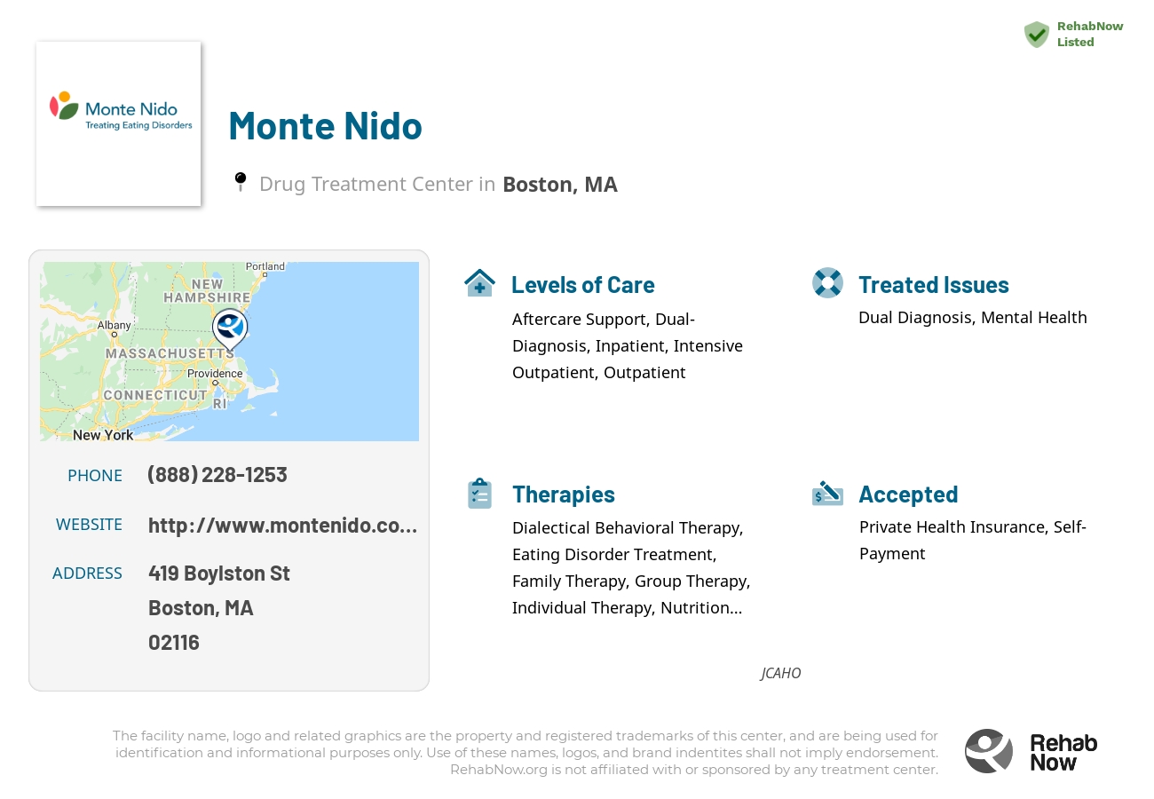 Helpful reference information for Monte Nido, a drug treatment center in Massachusetts located at: 419 Boylston St, Boston, MA 02116, including phone numbers, official website, and more. Listed briefly is an overview of Levels of Care, Therapies Offered, Issues Treated, and accepted forms of Payment Methods.