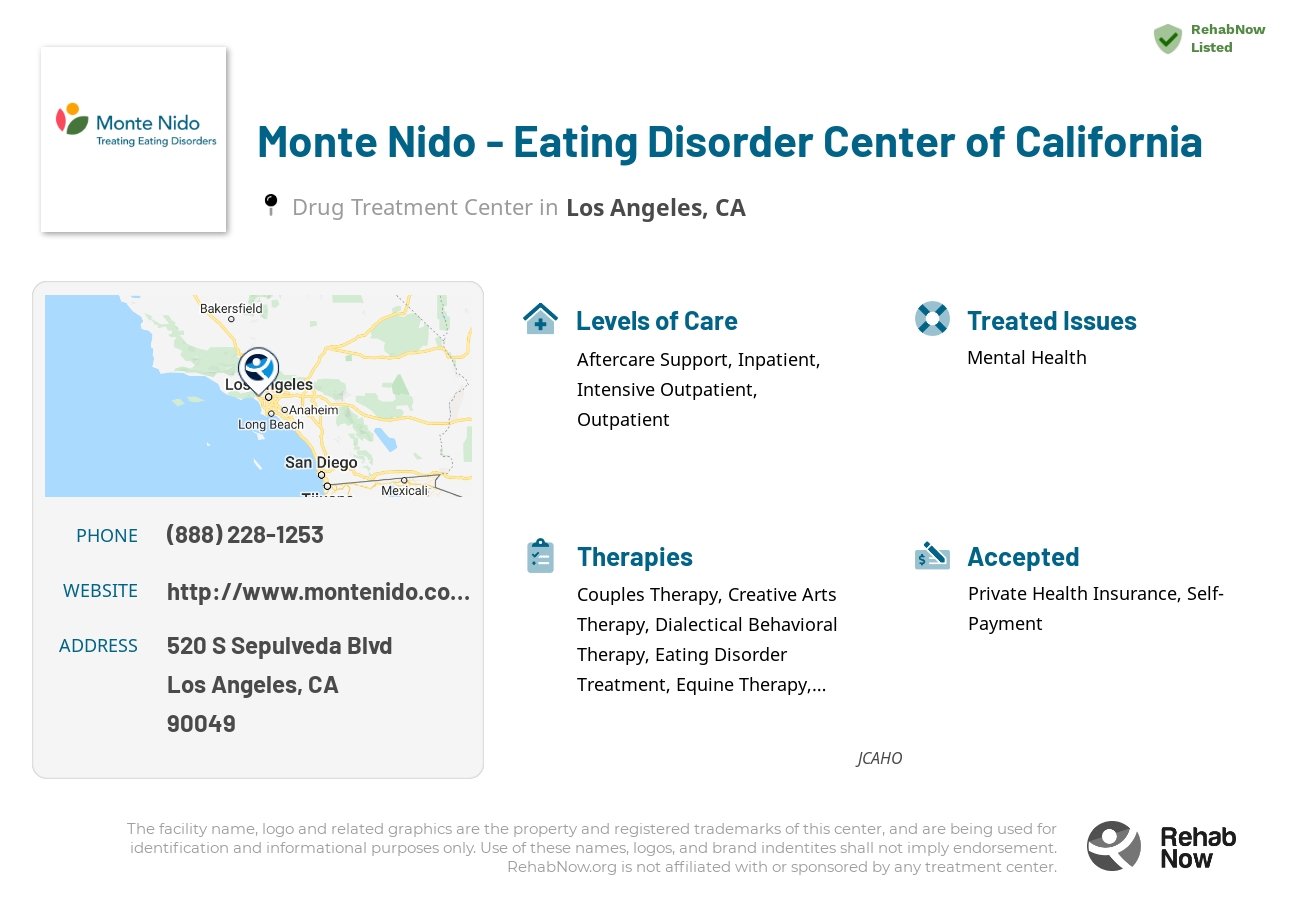 Helpful reference information for Monte Nido - Eating Disorder Center of California, a drug treatment center in California located at: 520 S Sepulveda Blvd, Los Angeles, CA 90049, including phone numbers, official website, and more. Listed briefly is an overview of Levels of Care, Therapies Offered, Issues Treated, and accepted forms of Payment Methods.