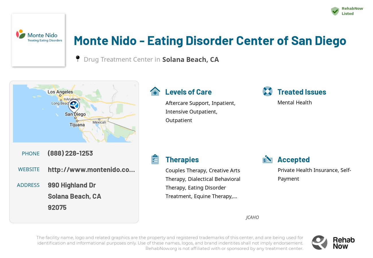 Helpful reference information for Monte Nido - Eating Disorder Center of San Diego, a drug treatment center in California located at: 990 Highland Dr, Solana Beach, CA 92075, including phone numbers, official website, and more. Listed briefly is an overview of Levels of Care, Therapies Offered, Issues Treated, and accepted forms of Payment Methods.