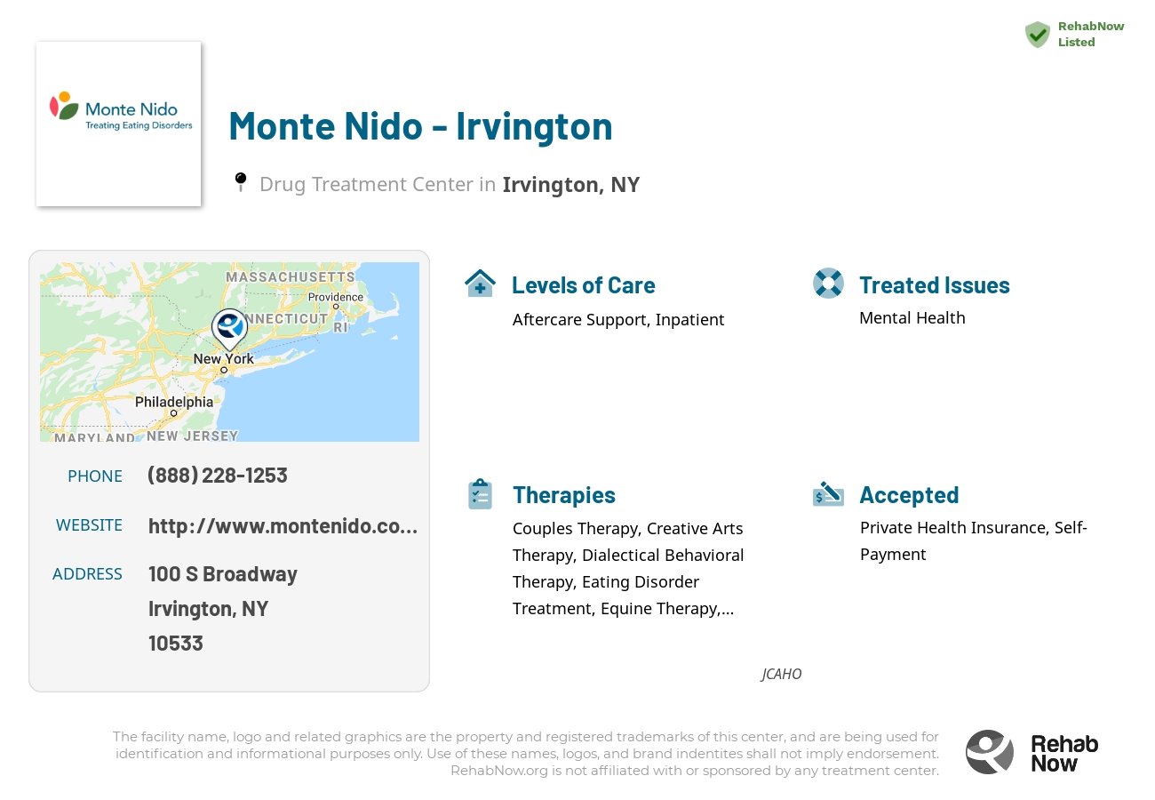 Helpful reference information for Monte Nido - Irvington, a drug treatment center in New York located at: 100 S Broadway, Irvington, NY 10533, including phone numbers, official website, and more. Listed briefly is an overview of Levels of Care, Therapies Offered, Issues Treated, and accepted forms of Payment Methods.