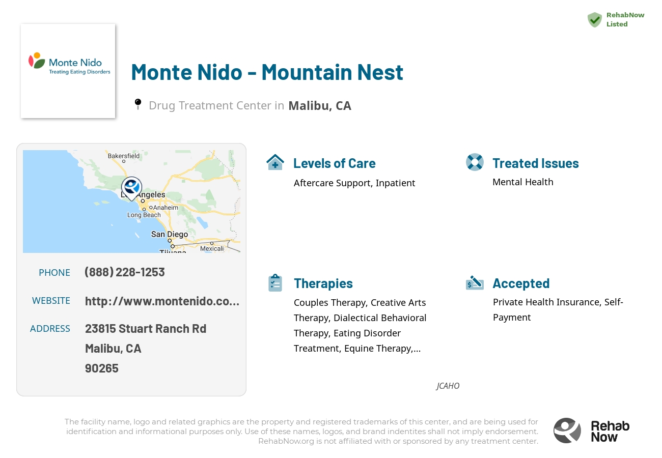 Helpful reference information for Monte Nido - Mountain Nest, a drug treatment center in California located at: 23815 Stuart Ranch Rd, Malibu, CA 90265, including phone numbers, official website, and more. Listed briefly is an overview of Levels of Care, Therapies Offered, Issues Treated, and accepted forms of Payment Methods.
