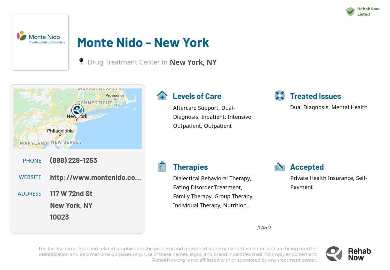 Helpful reference information for Monte Nido - New York, a drug treatment center in New York located at: 117 W 72nd St, New York, NY 10023, including phone numbers, official website, and more. Listed briefly is an overview of Levels of Care, Therapies Offered, Issues Treated, and accepted forms of Payment Methods.