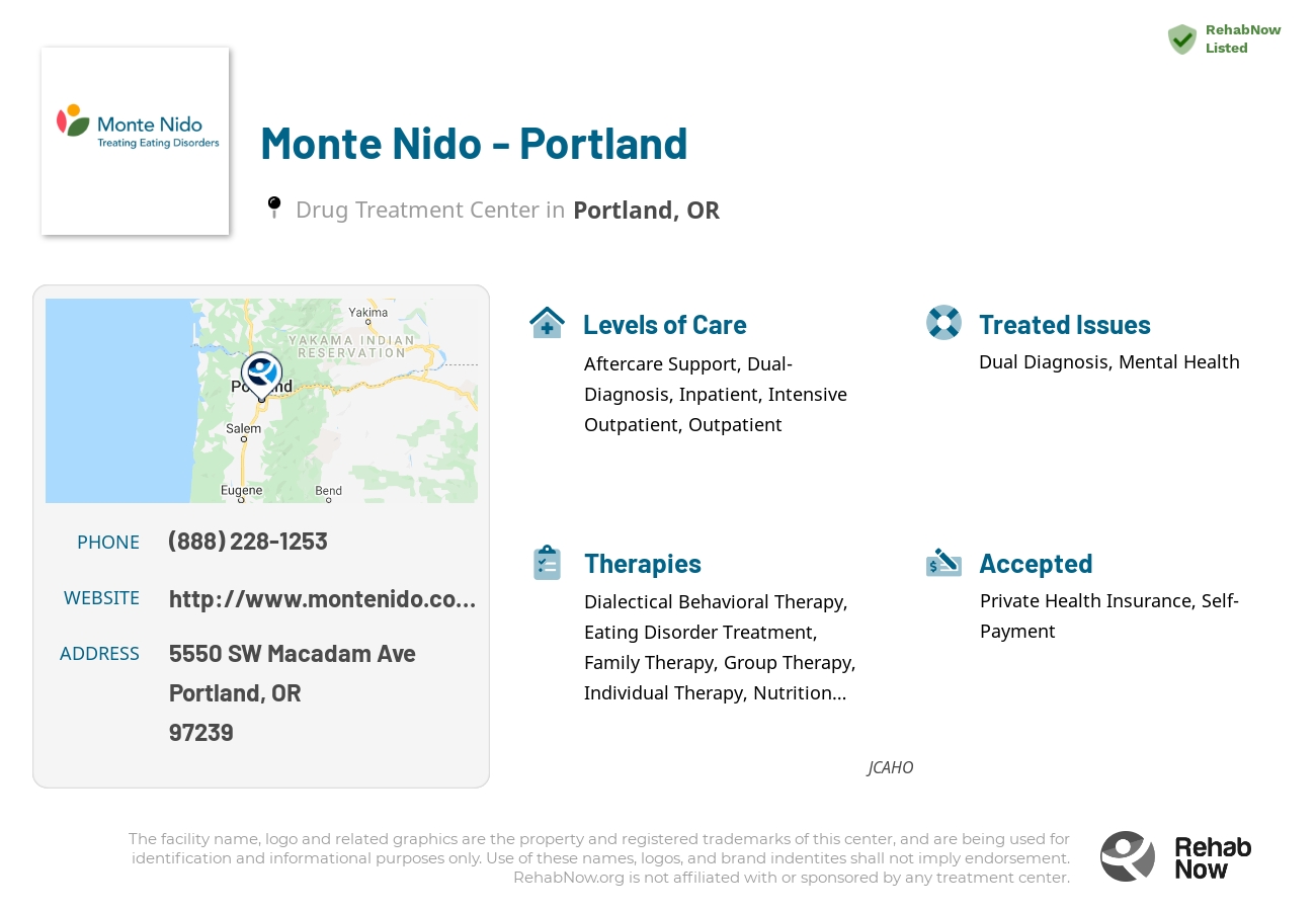 Helpful reference information for Monte Nido - Portland, a drug treatment center in Oregon located at: 5550 SW Macadam Ave, Portland, OR 97239, including phone numbers, official website, and more. Listed briefly is an overview of Levels of Care, Therapies Offered, Issues Treated, and accepted forms of Payment Methods.