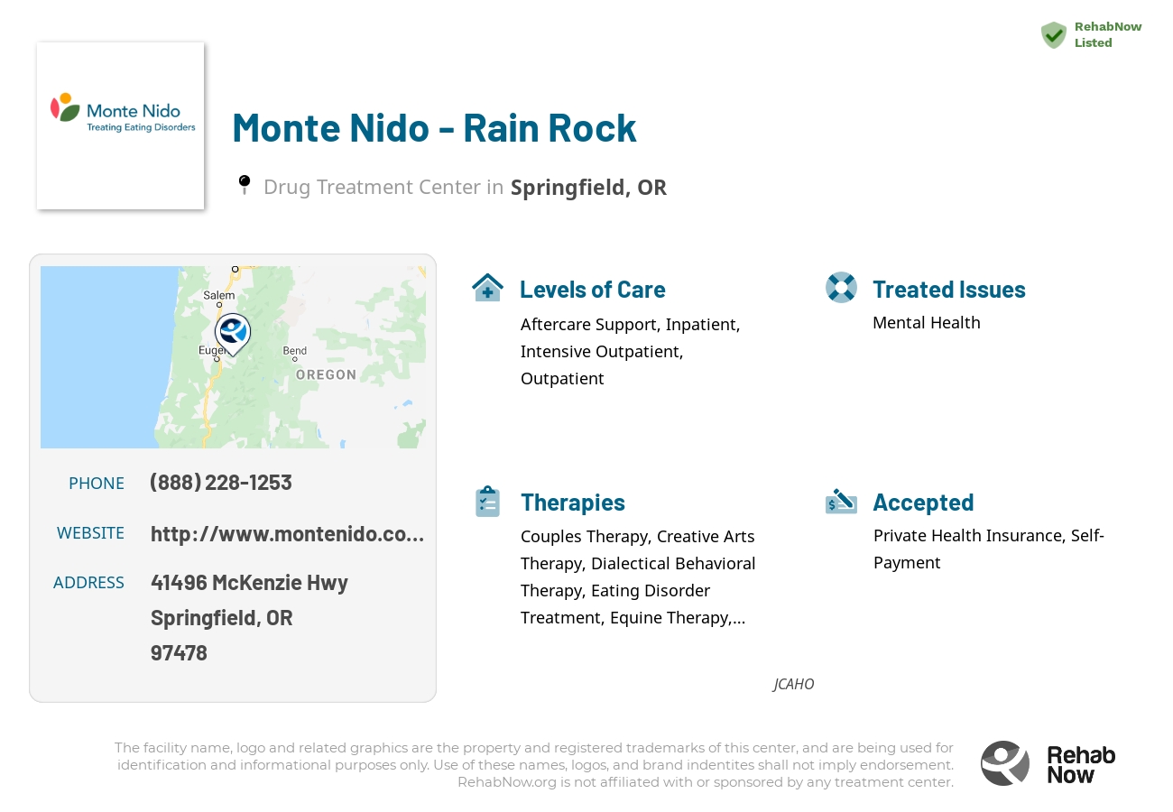 Helpful reference information for Monte Nido - Rain Rock, a drug treatment center in Oregon located at: 41496 McKenzie Hwy, Springfield, OR 97478, including phone numbers, official website, and more. Listed briefly is an overview of Levels of Care, Therapies Offered, Issues Treated, and accepted forms of Payment Methods.