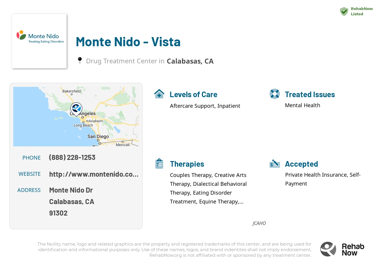 Helpful reference information for Monte Nido - Vista, a drug treatment center in California located at: Monte Nido Dr, Calabasas, CA 91302, including phone numbers, official website, and more. Listed briefly is an overview of Levels of Care, Therapies Offered, Issues Treated, and accepted forms of Payment Methods.