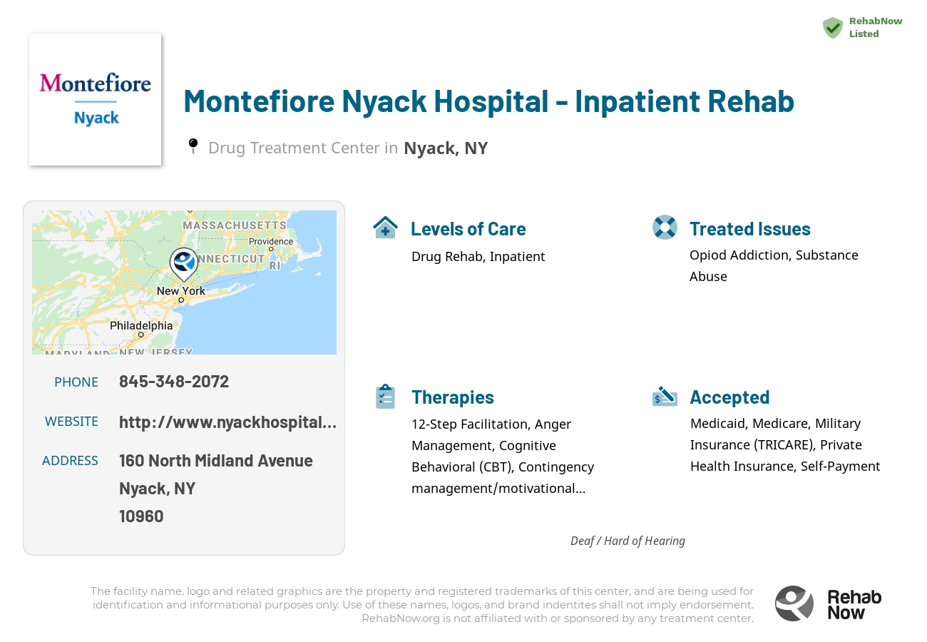 Helpful reference information for Montefiore Nyack Hospital - Inpatient Rehab, a drug treatment center in New York located at: 160 North Midland Avenue, Nyack, NY 10960, including phone numbers, official website, and more. Listed briefly is an overview of Levels of Care, Therapies Offered, Issues Treated, and accepted forms of Payment Methods.