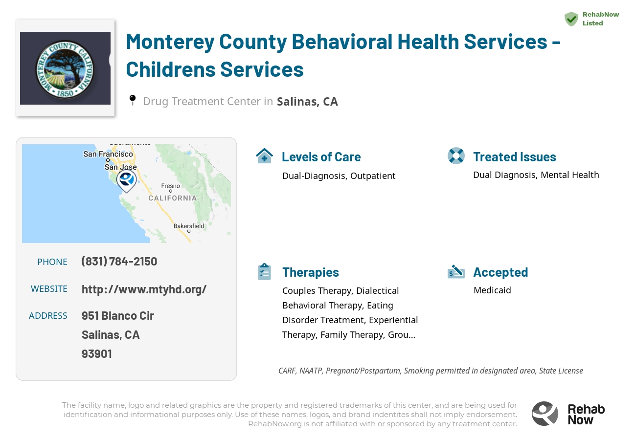 Helpful reference information for Monterey County Behavioral Health Services - Childrens Services, a drug treatment center in California located at: 951 Blanco Cir, Salinas, CA 93901, including phone numbers, official website, and more. Listed briefly is an overview of Levels of Care, Therapies Offered, Issues Treated, and accepted forms of Payment Methods.