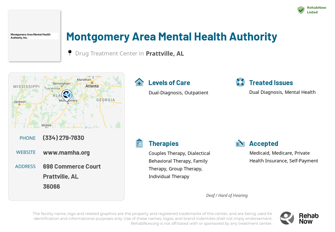 Helpful reference information for Montgomery Area Mental Health Authority, a drug treatment center in Alabama located at: 698 Commerce Court, Prattville, AL, 36066, including phone numbers, official website, and more. Listed briefly is an overview of Levels of Care, Therapies Offered, Issues Treated, and accepted forms of Payment Methods.