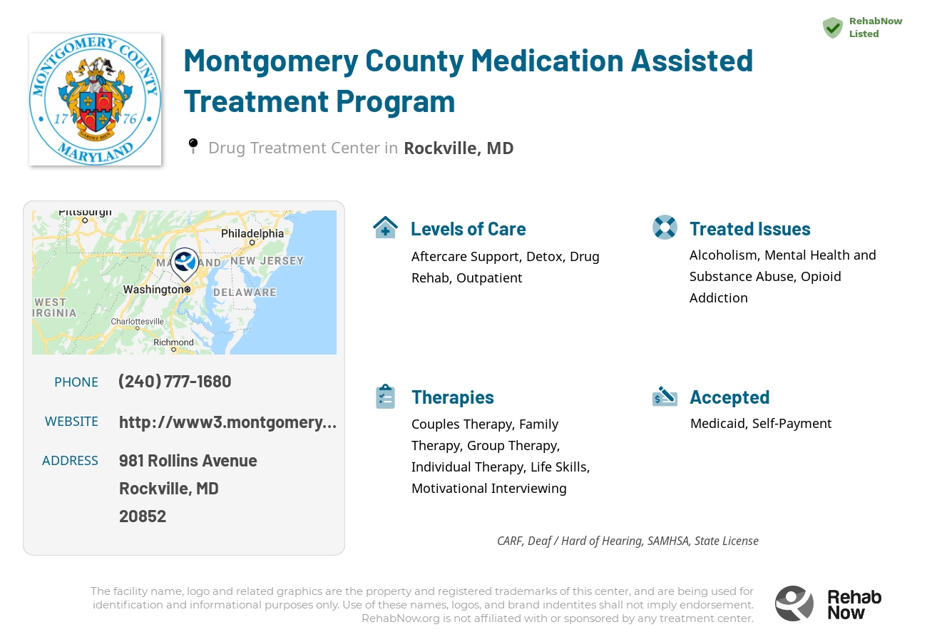 Helpful reference information for Montgomery County Medication Assisted Treatment Program, a drug treatment center in Maryland located at: 981 Rollins Avenue, Rockville, MD, 20852, including phone numbers, official website, and more. Listed briefly is an overview of Levels of Care, Therapies Offered, Issues Treated, and accepted forms of Payment Methods.