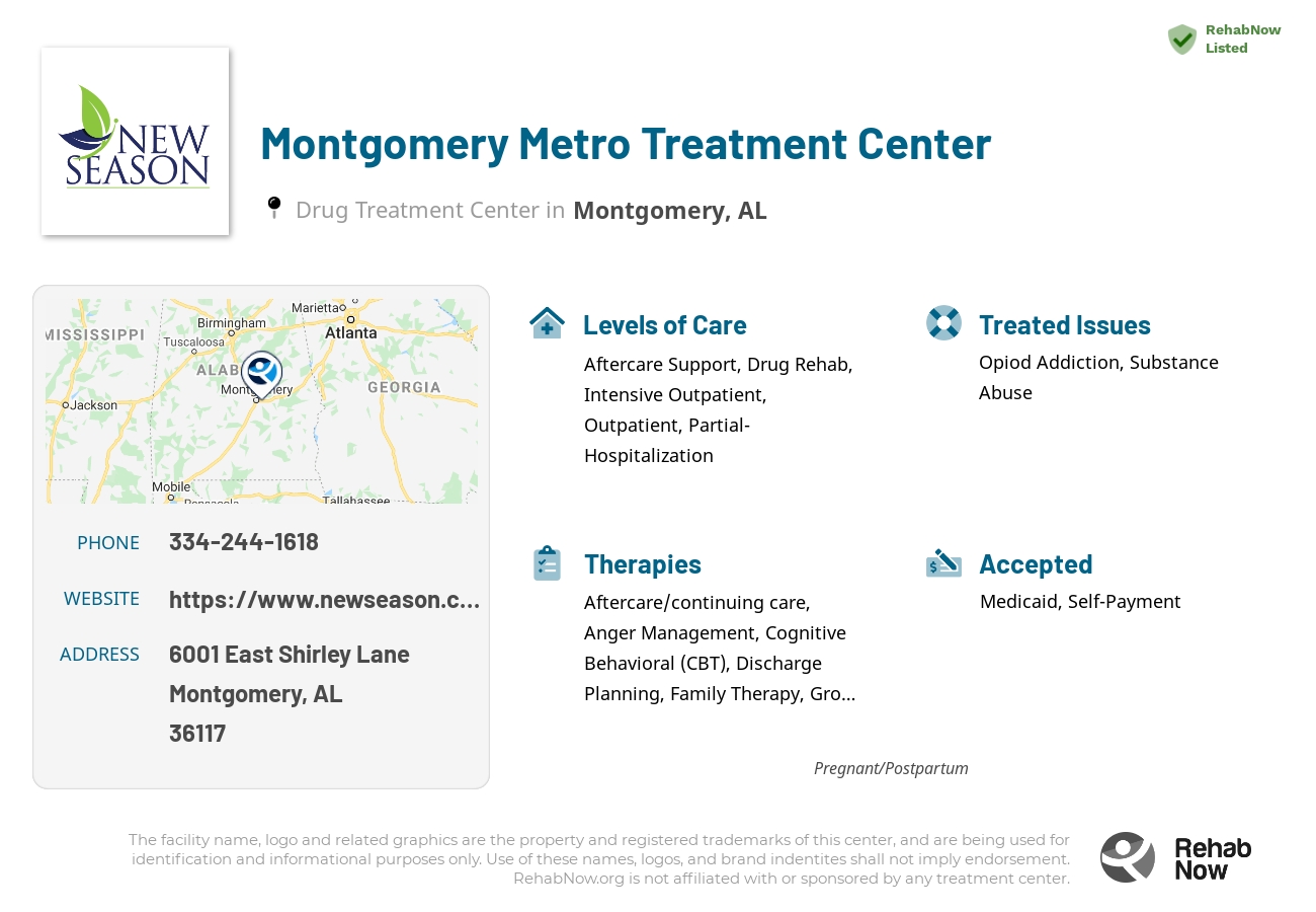 Helpful reference information for Montgomery Metro Treatment Center, a drug treatment center in Alabama located at: 6001 East Shirley Lane, Montgomery, AL 36117, including phone numbers, official website, and more. Listed briefly is an overview of Levels of Care, Therapies Offered, Issues Treated, and accepted forms of Payment Methods.