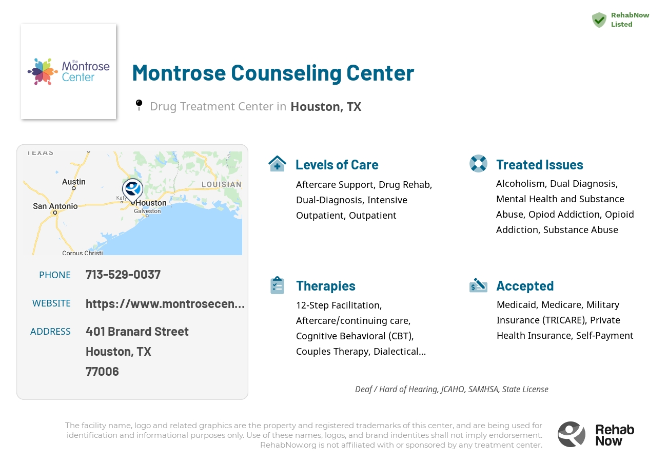 Helpful reference information for Montrose Counseling Center, a drug treatment center in Texas located at: 401 Branard Street, Houston, TX, 77006, including phone numbers, official website, and more. Listed briefly is an overview of Levels of Care, Therapies Offered, Issues Treated, and accepted forms of Payment Methods.