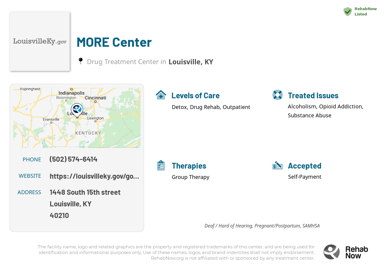 Helpful reference information for MORE Center, a drug treatment center in Kentucky located at: 1448 South 15th street, Louisville, KY, 40210, including phone numbers, official website, and more. Listed briefly is an overview of Levels of Care, Therapies Offered, Issues Treated, and accepted forms of Payment Methods.