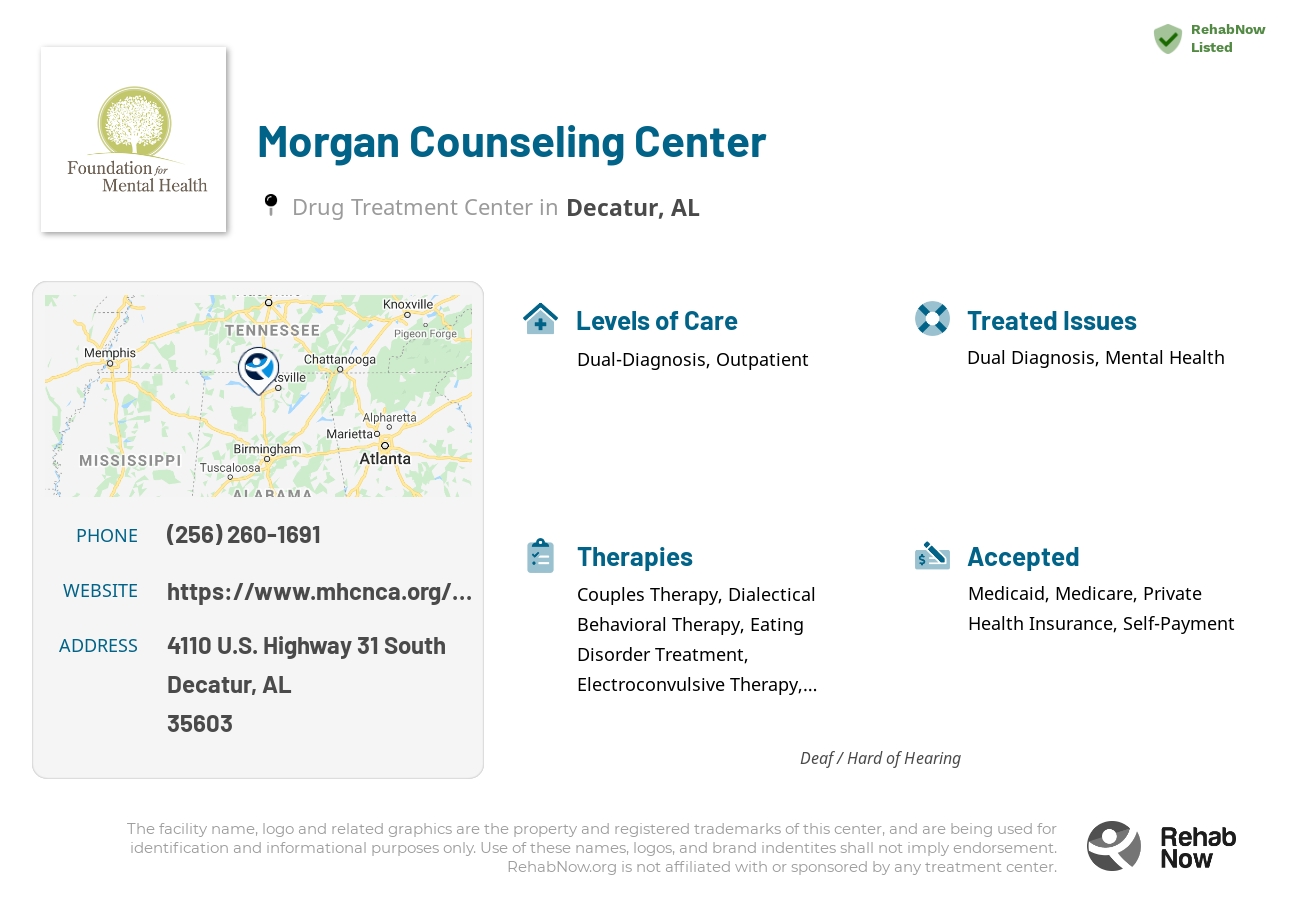 Helpful reference information for Morgan Counseling Center, a drug treatment center in Alabama located at: 4110 U.S. Highway 31 South, Decatur, AL, 35603, including phone numbers, official website, and more. Listed briefly is an overview of Levels of Care, Therapies Offered, Issues Treated, and accepted forms of Payment Methods.