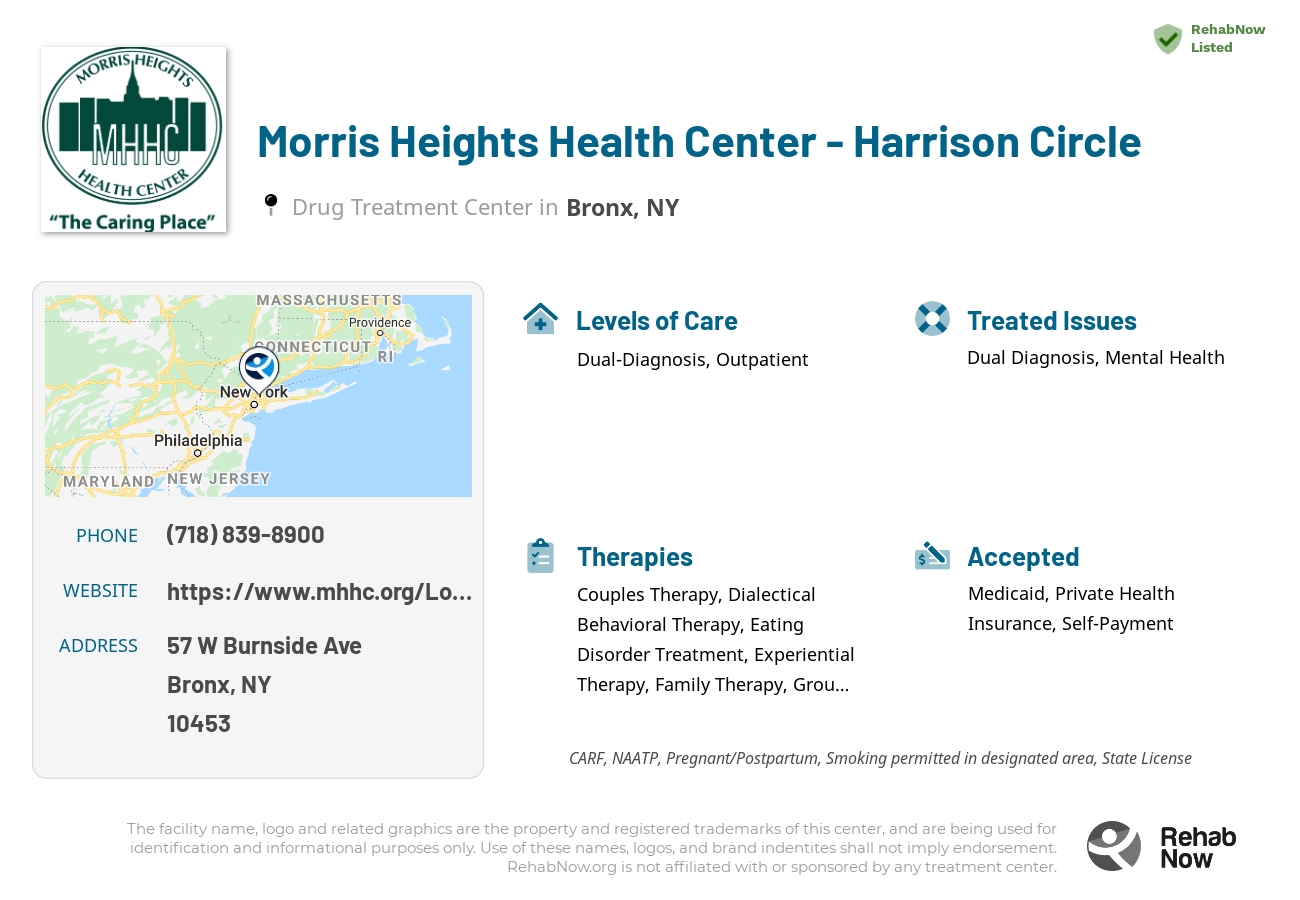 Helpful reference information for Morris Heights Health Center - Harrison Circle, a drug treatment center in New York located at: 57 W Burnside Ave, Bronx, NY 10453, including phone numbers, official website, and more. Listed briefly is an overview of Levels of Care, Therapies Offered, Issues Treated, and accepted forms of Payment Methods.